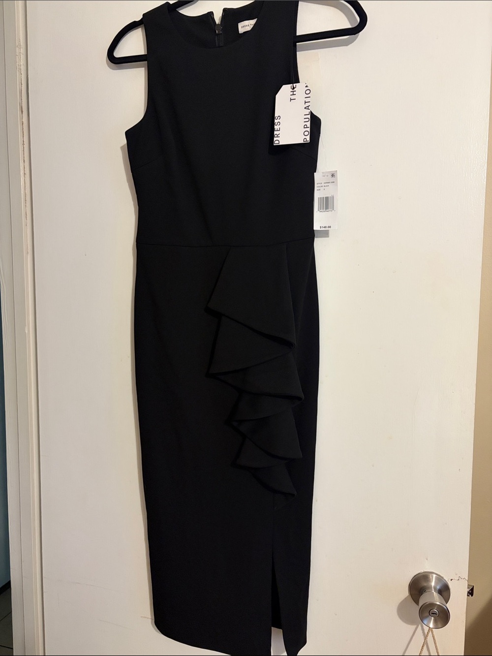 NWT Dress the Population Black Midi Ruffle Sheath Dress